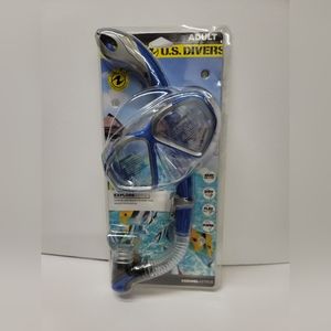 New U.S. Divers Blue Adult Mask & Snorkel Set-Easily Adjustable-Tempered Glass
